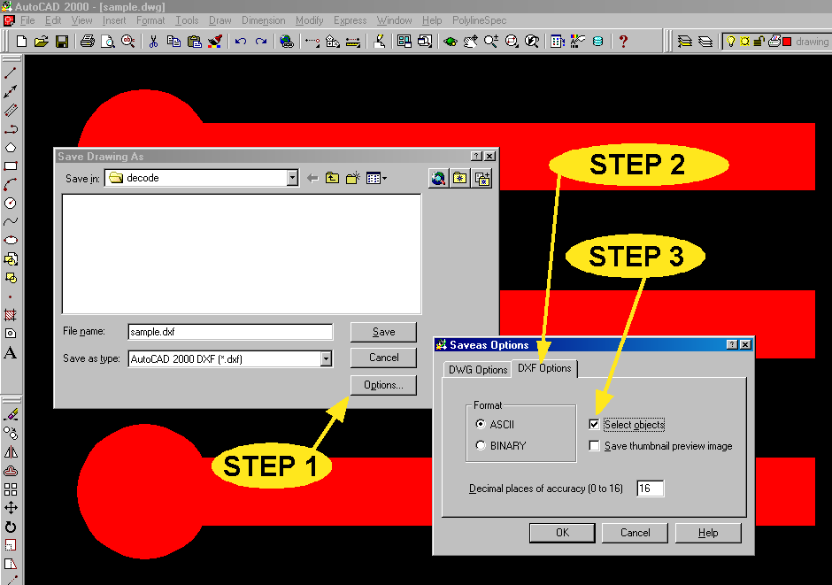 AutoCAD dxfout options dialog